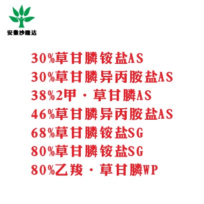 30%草甘膦銨鹽AS， 30%草甘膦異丙胺鹽AS， 38%2甲·草甘膦AS， 46%草甘膦異丙胺鹽AS， 68%草甘膦銨鹽SG，80%草甘膦銨鹽SG ，80%乙羧·草甘膦WP